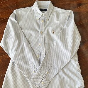 Ralph Lauren Women's Blue and White Striped Button-Down Shirt